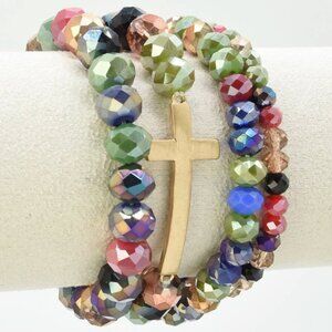 NWT 4 Piece Glass Bead Cross Charm Bracelet Set – Stretch Stackable Jewelry